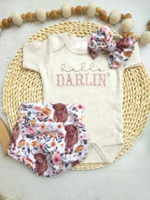 Load image into Gallery viewer, Baby Girl Highland Cow Outfit with Bummies, Hello Darlin Baby Girl Outfit, Going Home Newborn Baby Outfit Cowgirl Farm Girl Pink, Hospital