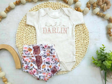 Load image into Gallery viewer, Baby Girl Highland Cow Outfit with Bummies, Hello Darlin Baby Girl Outfit, Going Home Newborn Baby Outfit Cowgirl Farm Girl Pink, Hospital