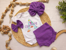 Load image into Gallery viewer, Baby girl going home outfit with floral big letter and baby name in purple