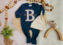 Load image into Gallery viewer, Personalized navy, blue, and beige newborn outfit, coming home outfit for baby boy, baby boy outfit, hospital outfit for boy