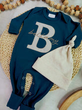 Load image into Gallery viewer, Personalized navy, blue, and beige newborn outfit, coming home outfit for baby boy, baby boy outfit, hospital outfit for boy