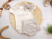 Load image into Gallery viewer, Personalized beige newborn outfit, custom name girl, coming home outfit for baby girl, baby girl outfit, aesthetic baby clothes oatmeal