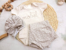 Load image into Gallery viewer, Personalized beige newborn outfit, custom name girl, coming home outfit for baby girl, baby girl outfit, aesthetic baby clothes oatmeal