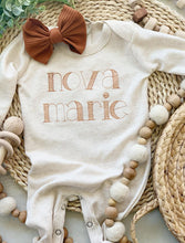 Load image into Gallery viewer, Personalized baby girl oatmeal romper with bow or turban, custom girl coming home outfit, baby girl shower gift, custom name baby gift