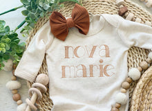 Load image into Gallery viewer, Personalized baby girl oatmeal romper with bow or turban, custom girl coming home outfit, baby girl shower gift, custom name baby gift