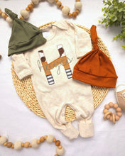 Load image into Gallery viewer, Personalized neutral baby romper and hat set, custom infant boy coming home outfit, baby shower gift, sleeper with footies western farm baby