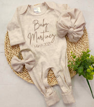 Load image into Gallery viewer, Personalized oatmeal romper with handmade bow hat custom gender neutral coming home outfit baby shower gift baby announcement custom romper