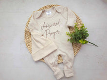 Load image into Gallery viewer, Miracle baby boy outfit with answered prayer embroidered on a oatmeal beige baby boy romper sleeper