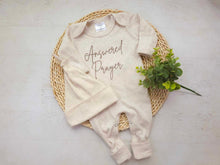 Load image into Gallery viewer, Personalized oatmeal romper with handmade bow hat custom gender neutral coming home outfit baby shower gift answered prayers miracle baby