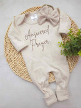 Load image into Gallery viewer, Miracle baby girl outfit with answered prayer embroidered on a oatmeal beige baby girl romper sleeper