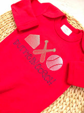 Load image into Gallery viewer, Baseball baby romper, embroidered baseball baby outfit, baseball romper for baby going home baby boy outfit newborn baseball baby shower red