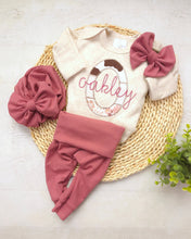 Load image into Gallery viewer, Baby girlpersonalized name outfit going home outfit beige pink cowprint floral bummies pants handmade