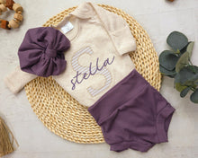Load image into Gallery viewer, Personalized baby girl going home outfit newborn bodysuit outfit, custom name girl, coming home outfit for baby girl, baby girl name purple