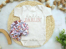 Load image into Gallery viewer, Baby Girl Highland Cow Outfit with Bummies, Hello Darlin Baby Girl Outfit, Going Home Newborn Baby Outfit Cowgirl Farm Girl Pink, Hospital