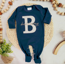 Load image into Gallery viewer, Personalized navy, blue, and beige newborn outfit, coming home outfit for baby boy, baby boy outfit, hospital outfit for boy