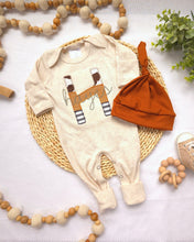 Load image into Gallery viewer, Personalized neutral baby romper and hat set, custom infant boy coming home outfit, baby shower gift, sleeper with footies western farm baby