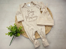 Load image into Gallery viewer, Personalized oatmeal romper with handmade bow hat custom gender neutral coming home outfit baby shower gift baby announcement custom romper