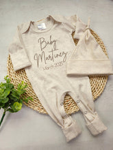 Load image into Gallery viewer, Personalized oatmeal romper with handmade bow hat custom gender neutral coming home outfit baby shower gift baby announcement custom romper