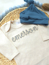 Load image into Gallery viewer, Personalized blue and beige newborn outfit, custom name boy, baby boy coming home outfit, hospital outfit for boy baby shower gift