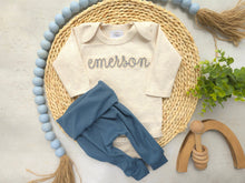 Load image into Gallery viewer, Personalized blue and beige newborn outfit, custom name boy, baby boy coming home outfit, hospital outfit for boy baby shower gift
