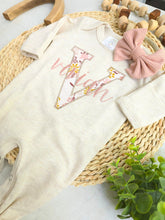 Load image into Gallery viewer, Personalized baby girl romper and hat set, vintage floral infant coming home outfit, baby shower gift, sleeper with footies, custom name