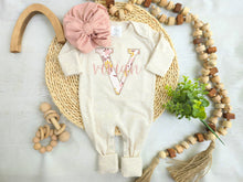 Load image into Gallery viewer, Personalized baby girl romper and hat set, vintage floral infant coming home outfit, baby shower gift, sleeper with footies, custom name
