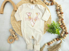 Load image into Gallery viewer, Personalized baby girl romper and hat set, vintage floral infant coming home outfit, baby shower gift, sleeper with footies, custom name