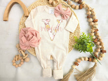 Load image into Gallery viewer, Personalized baby girl romper and hat set, vintage floral infant coming home outfit, baby shower gift, sleeper with footies, custom name