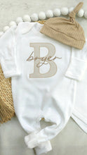 Load image into Gallery viewer, Personalized neutral baby romper and hat set, custom infant boy coming home outfit, baby shower gift, sleeper with footies