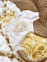Load image into Gallery viewer, Vintage floral baby girl outfit with bummies, cottagecore baby girl outfit, personalized baby outfit bows, gold sun fall baby girl outfit