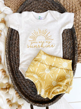 Load image into Gallery viewer, Vintage floral baby girl outfit with bummies, cottagecore baby girl outfit, personalized baby outfit bows, gold sun fall baby girl outfit