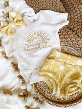 Load image into Gallery viewer, Vintage floral baby girl outfit with bummies, cottagecore baby girl outfit, personalized baby outfit bows, gold sun fall baby girl outfit