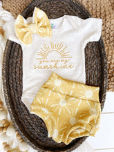 Load image into Gallery viewer, Vintage floral baby girl outfit with bummies, cottagecore baby girl outfit, personalized baby outfit bows, gold sun fall baby girl outfit