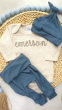 Load image into Gallery viewer, Personalized blue and beige newborn outfit, custom name boy, baby boy coming home outfit, hospital outfit for boy baby shower gift