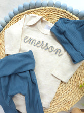 Load image into Gallery viewer, Personalized blue and beige newborn outfit, custom name boy, baby boy coming home outfit, hospital outfit for boy baby shower gift
