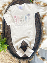 Load image into Gallery viewer, Personalized oatmeal and vintage mauve romper with bow or turban, custom girl coming home outfit, baby shower gift