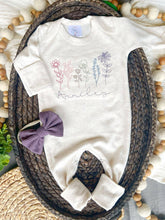 Load image into Gallery viewer, Personalized oatmeal and vintage mauve romper with bow or turban, custom girl coming home outfit, baby shower gift