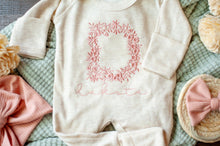 Load image into Gallery viewer, Personalized oatmeal baby romper and hat set, custom name coming home outfit, floral letter baby girl outfit, baby shower gift, neutral