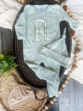 Load image into Gallery viewer, Personalized neutral baby romper and hat set, custom infant boy coming home outfit, baby shower gift, baby sleeper with footies, sage green