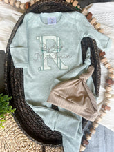 Load image into Gallery viewer, Personalized neutral baby romper and hat set, custom infant boy coming home outfit, baby shower gift, baby sleeper with footies, sage green