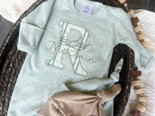 Load image into Gallery viewer, Personalized neutral baby romper and hat set, custom infant boy coming home outfit, baby shower gift, baby sleeper with footies, sage green