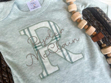 Load image into Gallery viewer, Personalized neutral baby romper and hat set, custom infant boy coming home outfit, baby shower gift, baby sleeper with footies, sage green