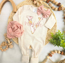 Load image into Gallery viewer, Personalized baby girl romper and hat set, vintage floral infant coming home outfit, baby shower gift, sleeper with footies, custom name