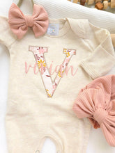 Load image into Gallery viewer, Personalized baby girl romper and hat set, vintage floral infant coming home outfit, baby shower gift, sleeper with footies, custom name