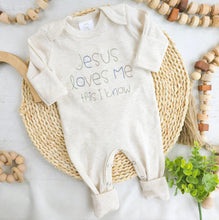 Load image into Gallery viewer, Personalized neutral baby romper and hat set custom infant boy coming home outfit baby shower gift beige sleeper with footies Jesus Loves Me