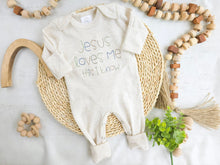 Load image into Gallery viewer, Personalized neutral baby romper and hat set custom infant boy coming home outfit baby shower gift beige sleeper with footies Jesus Loves Me