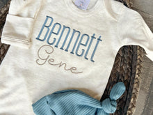Load image into Gallery viewer, Personalized navy, blue, and beige newborn outfit, coming home outfit for baby boy, baby boy outfit, hospital outfit for boy