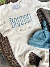 Load image into Gallery viewer, Personalized navy, blue, and beige newborn outfit, coming home outfit for baby boy, baby boy outfit, hospital outfit for boy