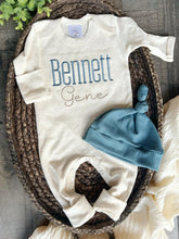 Load image into Gallery viewer, Personalized navy, blue, and beige newborn outfit, coming home outfit for baby boy, baby boy outfit, hospital outfit for boy