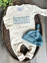 Load image into Gallery viewer, Personalized navy, blue, and beige newborn outfit, coming home outfit for baby boy, baby boy outfit, hospital outfit for boy